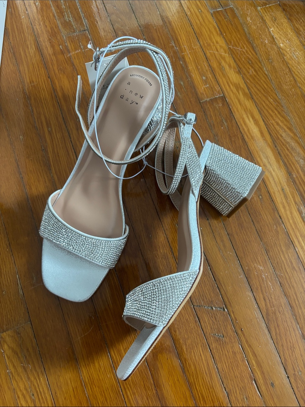 New in box silver bedazzled block heels